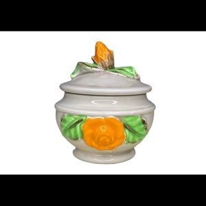 Vintage Nevco Sugar Bowl Trinket Dish Decorative Orange Rose Pottery.
